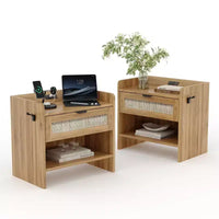 Lot de 2 tables de chevet en rotin avec station de recharge, table de nuit boho avec tiroir et étagère ouverte pour chambre, salon et bureau