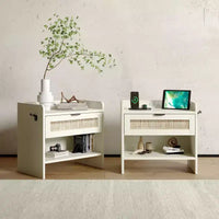 Lot de 2 tables de chevet en rotin avec station de recharge, table de nuit boho avec tiroir et étagère ouverte pour chambre, salon et bureau