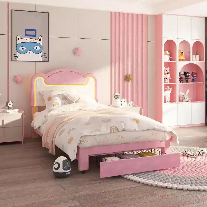 Cadre de lit double rembourré, support en bois solide, sans sommier tapissier, avec tiroirs, adapté à une chambre d'enfant, rose et blanc