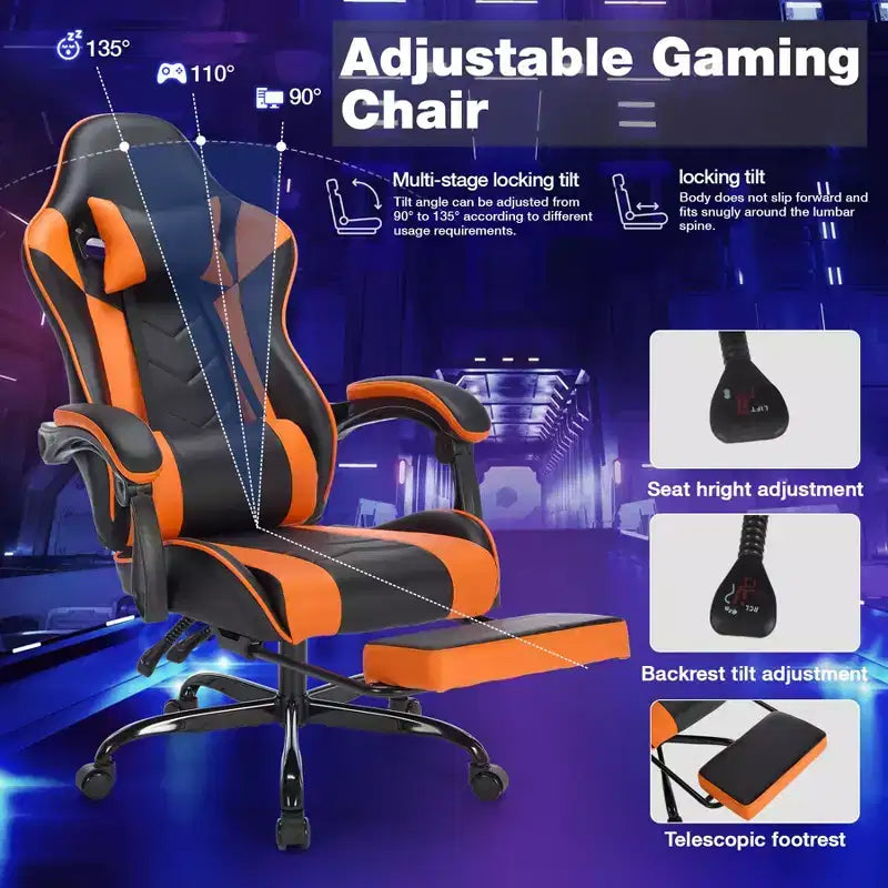 Chaise gaming pivotante TUYOHW à 360°, chaises de bureau à roulettes, dossier inclinable, hauteur d'assise et repose-pieds réglables, chaises de jeu vidéo ergonomiques, max 300 lb