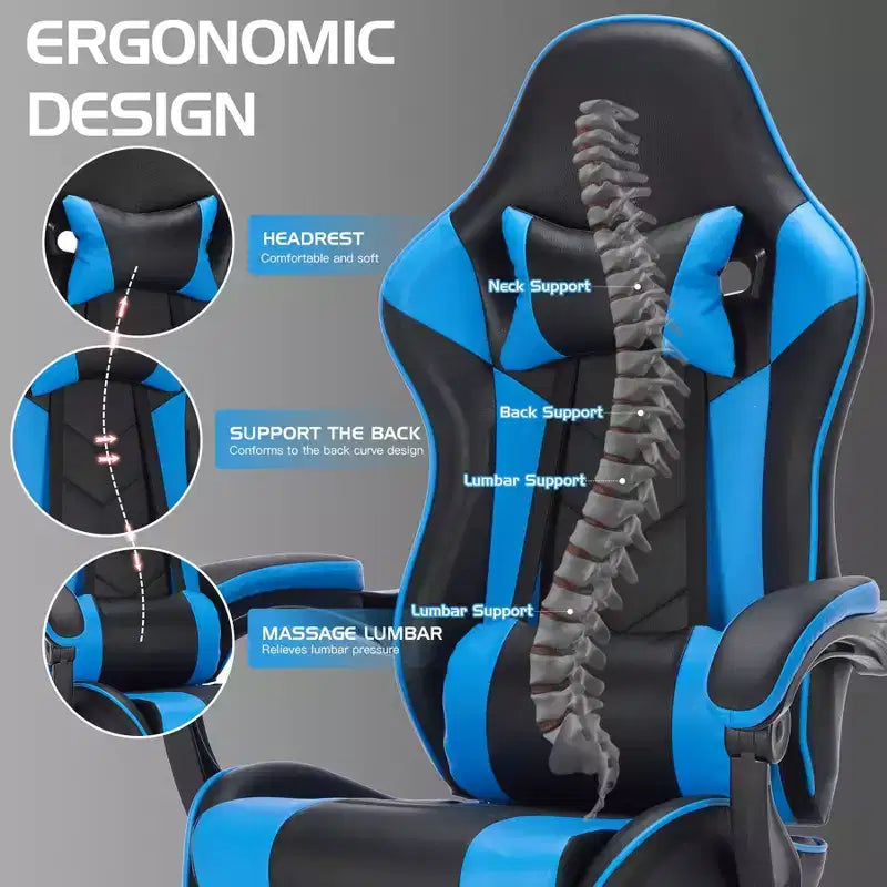 Chaise gaming pivotante TUYOHW à 360°, chaises de bureau à roulettes, dossier inclinable, hauteur d'assise et repose-pieds réglables, chaises de jeu vidéo ergonomiques, max 300 lb