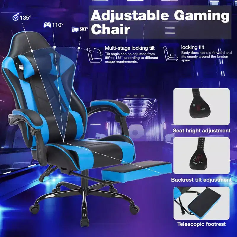 Chaise gaming pivotante TUYOHW à 360°, chaises de bureau à roulettes, dossier inclinable, hauteur d'assise et repose-pieds réglables, chaises de jeu vidéo ergonomiques, max 300 lb