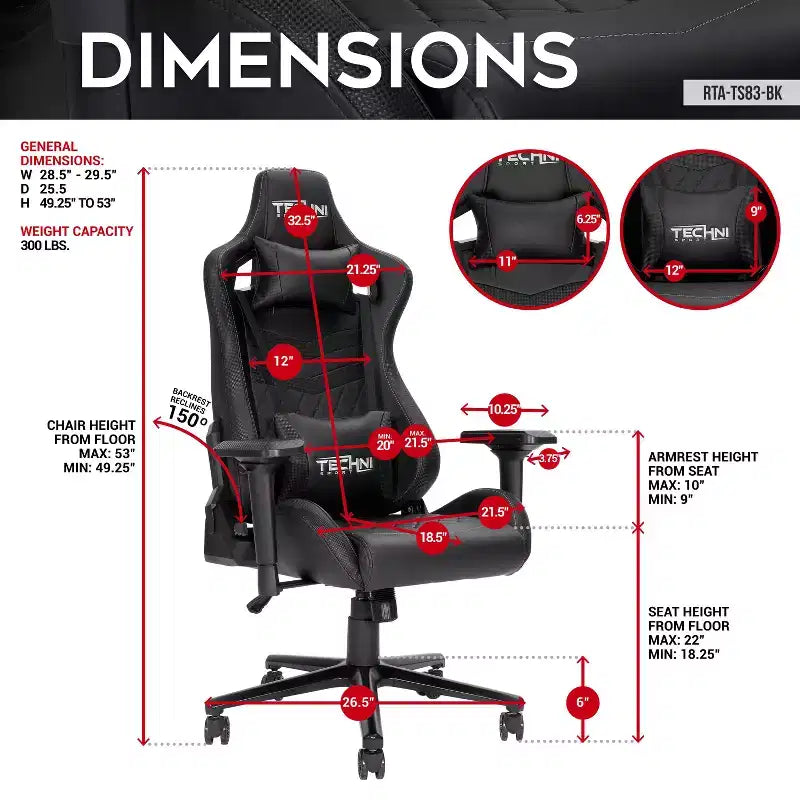 Chaise gaming ergonomique réglable TUYOHW, chaise de bureau pivotante à 360° avec coussin de tête et lombaire, chaise inclinable 90-150 pour le bureau et la maison, max 300 lb, noir