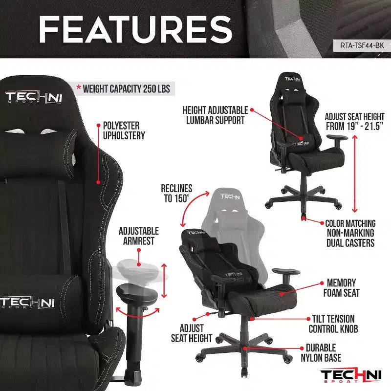 Chaise gaming ergonomique réglable TUYOHW pivotante à 360°, chaises de bureau avec coussin de tête et lombaire, chaise inclinable 90-150 pour le bureau et la maison, max 250 lb, noir