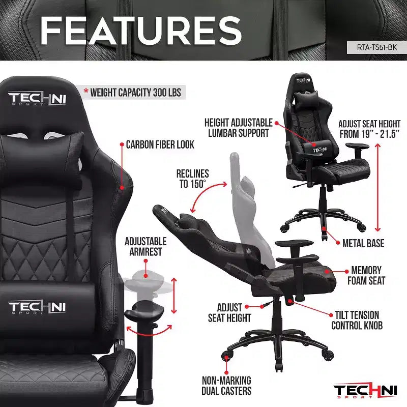 Chaise gaming ergonomique réglable TUYOHW, chaise de bureau pivotante à 360° avec coussin de tête et lombaire, chaise inclinable 90-150 pour le bureau et la maison, max 300 lb, noir