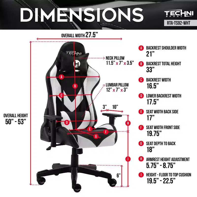 Chaise gaming ergonomique réglable TUYOHW, chaise de bureau pivotante à 360° avec coussin de tête et lombaire, chaise inclinable 90-150 pour le bureau et la maison, max 250 lb, blanc
