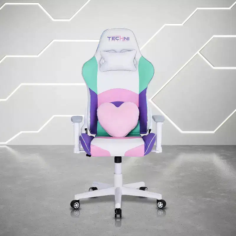 Fauteuils de jeu PC TUYOHW Kawaii avec hauteur réglable, oreiller lombaire tête et cœur, chaise pivotante à 360° pour la maison et le bureau, charge maximale de 113 kg, rose/vert/violet/blanc