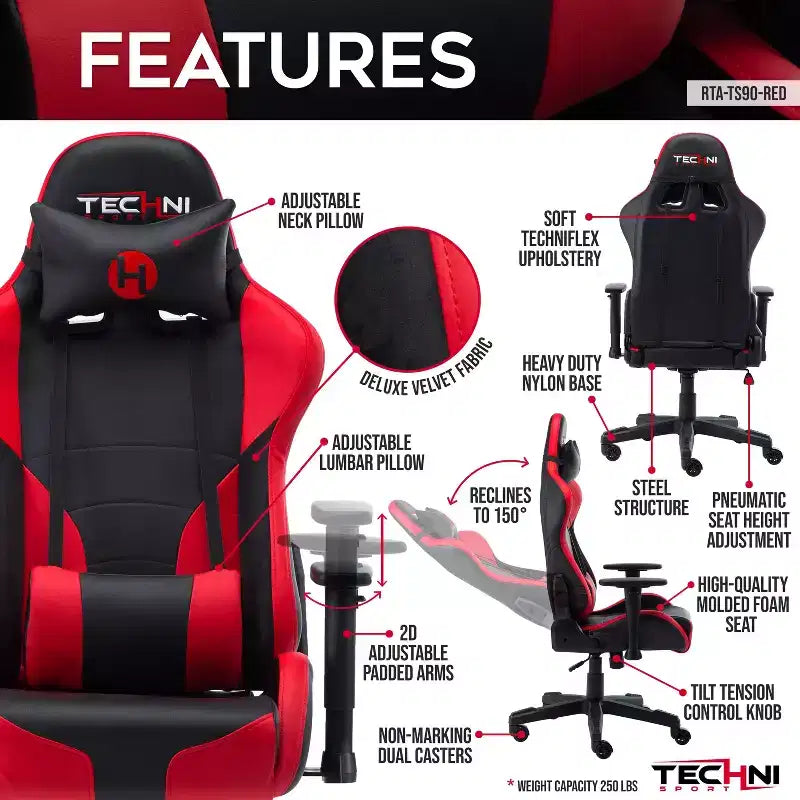 Chaise gaming ergonomique réglable TUYOHW, chaise de bureau pivotante à 360° avec coussin de tête et lombaire, chaise inclinable 90-150 pour le bureau et la maison, max 250 lb, rouge