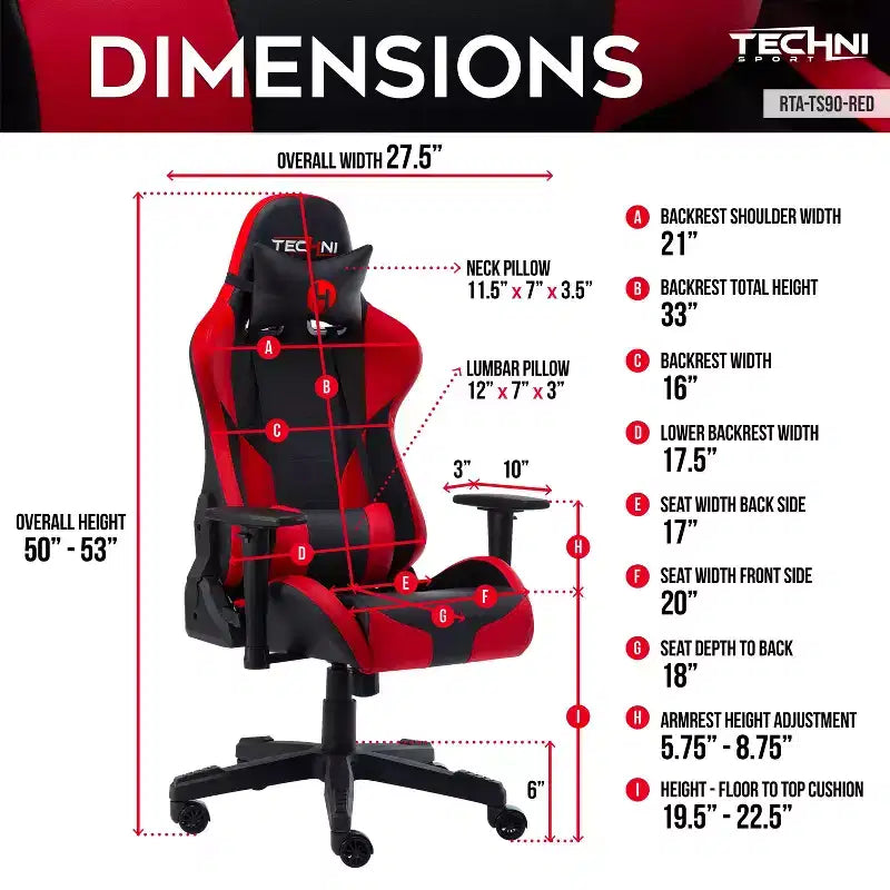 Chaise gaming ergonomique réglable TUYOHW, chaise de bureau pivotante à 360° avec coussin de tête et lombaire, chaise inclinable 90-150 pour le bureau et la maison, max 250 lb, rouge