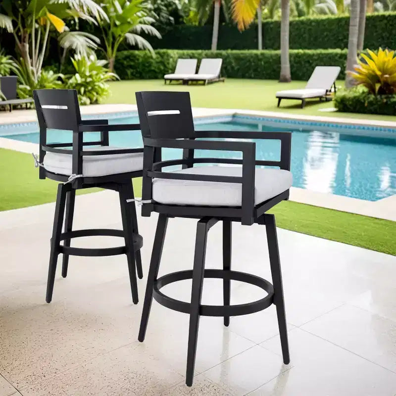 Lot de 2 tabourets de bar d'extérieur pivotants, chaise de bar de terrasse, en aluminium, pieds fuselés et coussin amovible