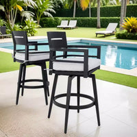 Lot de 2 tabourets de bar d'extérieur pivotants, chaise de bar de terrasse, en aluminium, pieds fuselés et coussin amovible