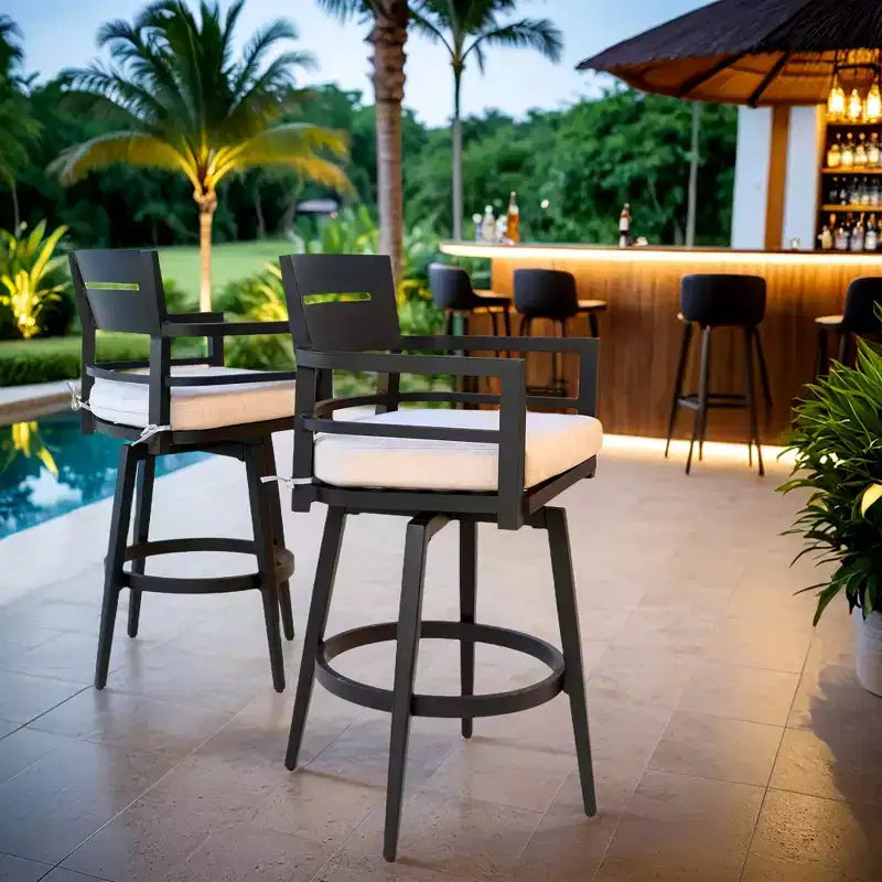 Lot de 2 tabourets de bar d'extérieur pivotants, chaise de bar de terrasse, en aluminium, pieds fuselés et coussin amovible