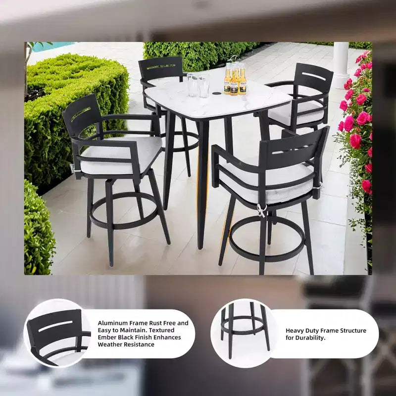 Lot de 2 tabourets de bar d'extérieur pivotants, chaise de bar de terrasse, en aluminium, pieds fuselés et coussin amovible