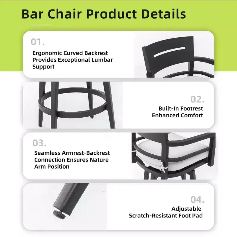 Lot de 2 tabourets de bar d'extérieur pivotants, chaise de bar de terrasse, en aluminium, pieds fuselés et coussin amovible