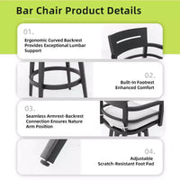 Lot de 2 tabourets de bar d'extérieur pivotants, chaise de bar de terrasse, en aluminium, pieds fuselés et coussin amovible