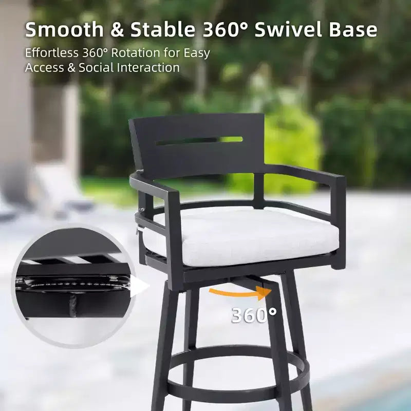 Lot de 2 tabourets de bar d'extérieur pivotants, chaise de bar de terrasse, en aluminium, pieds fuselés et coussin amovible