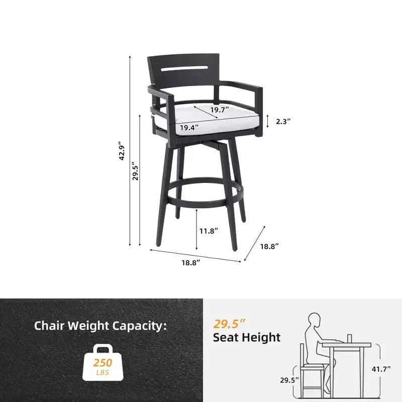 Lot de 2 tabourets de bar d'extérieur pivotants, chaise de bar de terrasse, en aluminium, pieds fuselés et coussin amovible