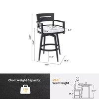 Lot de 2 tabourets de bar d'extérieur pivotants, chaise de bar de terrasse, en aluminium, pieds fuselés et coussin amovible