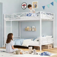 Lit superposé double blanc en métal, design industriel, barrières de sécurité, cadre en acier peu encombrant pour l'école, la chambre