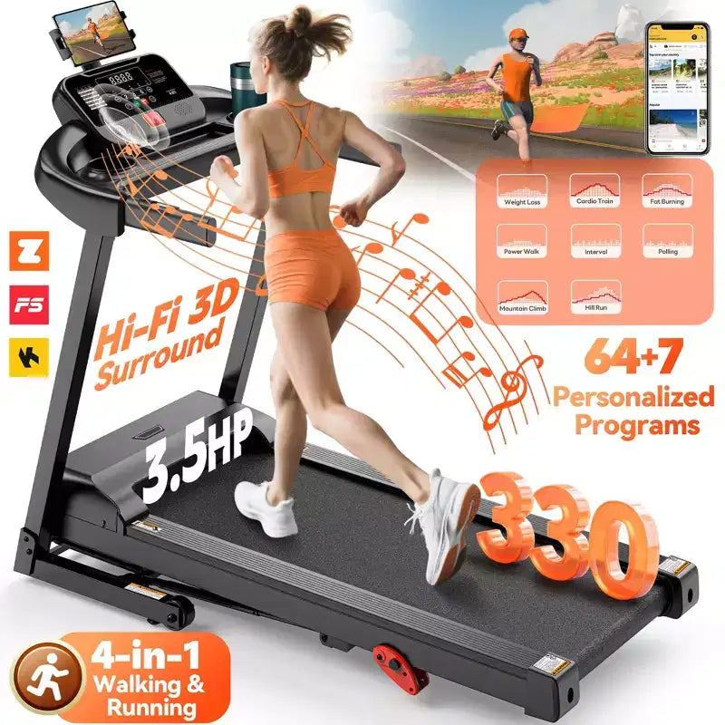 Tapis de course pliant capacité 300lbs pour la maison, tapis de course à inclinaison 3HP, 64+7 programmes, tapis de course portable, 7.5MPH, bande 5 couches, cours de jogging marche gratuits