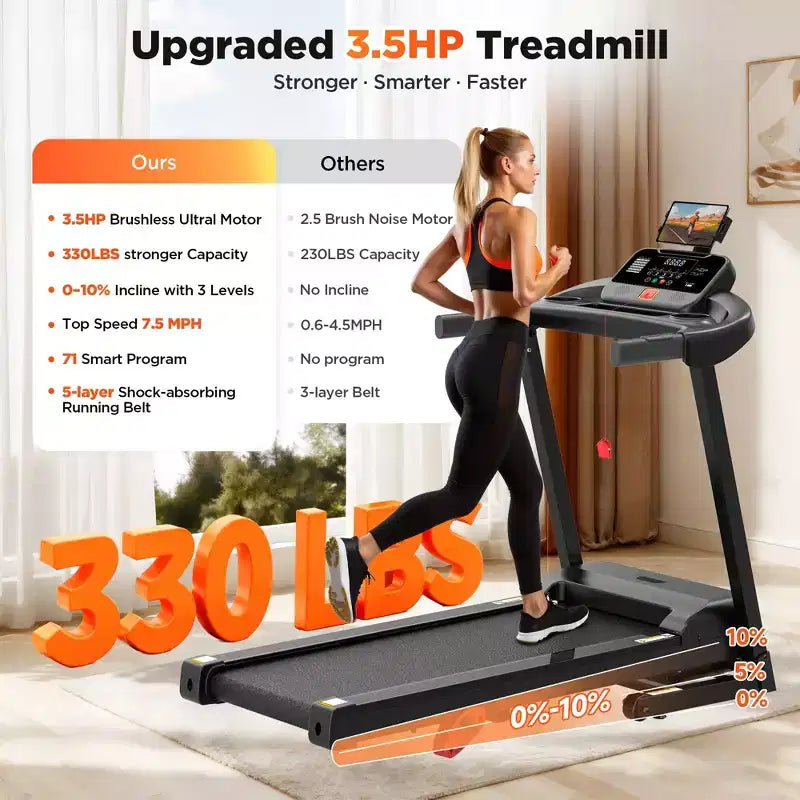 Tapis de course pliant capacité 300lbs pour la maison, tapis de course à inclinaison 3HP, 64+7 programmes, tapis de course portable, 7.5MPH, bande 5 couches, cours de jogging marche gratuits