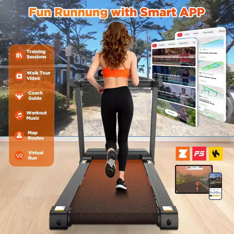 Tapis de course pliant capacité 300lbs pour la maison, tapis de course à inclinaison 3HP, 64+7 programmes, tapis de course portable, 7.5MPH, bande 5 couches, cours de jogging marche gratuits