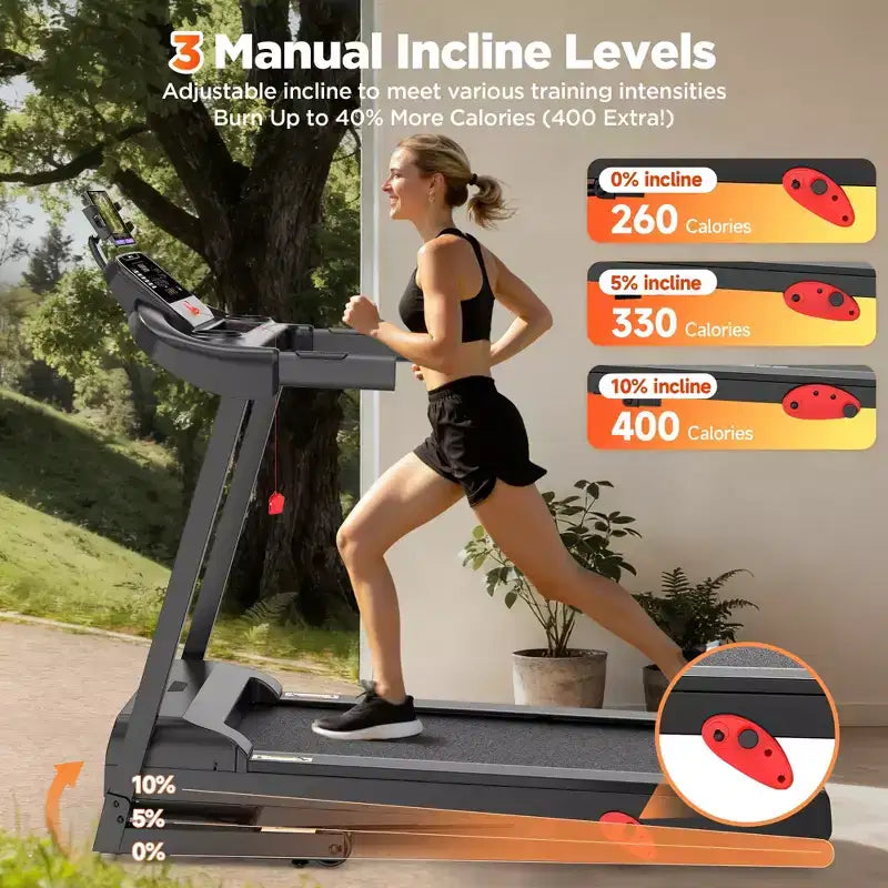 Tapis de course pliant capacité 300lbs pour la maison, tapis de course à inclinaison 3HP, 64+7 programmes, tapis de course portable, 7.5MPH, bande 5 couches, cours de jogging marche gratuits