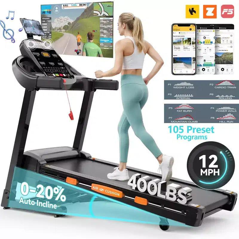 Tapis de course pliable 5.0HP pour la maison avec inclinaison automatique de 20%, capacité de 180 kg, vitesse rapide de 19 km/h, 105 programmes, compatible APP, haut-parleurs Bluetooth
