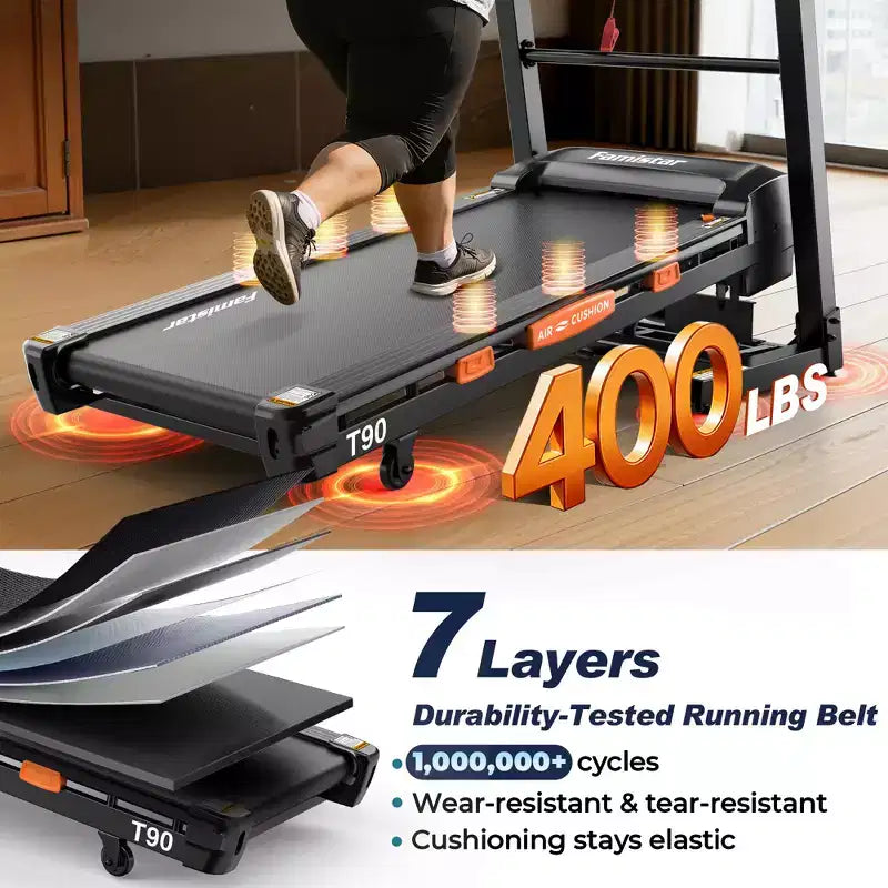 Tapis de course pliable 5.0HP pour la maison avec inclinaison automatique de 20%, capacité de 180 kg, vitesse rapide de 19 km/h, 105 programmes, compatible APP, haut-parleurs Bluetooth