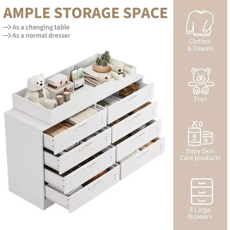 Commode à langer pour chambre de bébé, commode moderne avec 8 tiroirs en bois, table à langer multi-tiroirs avec plateau de sécurité