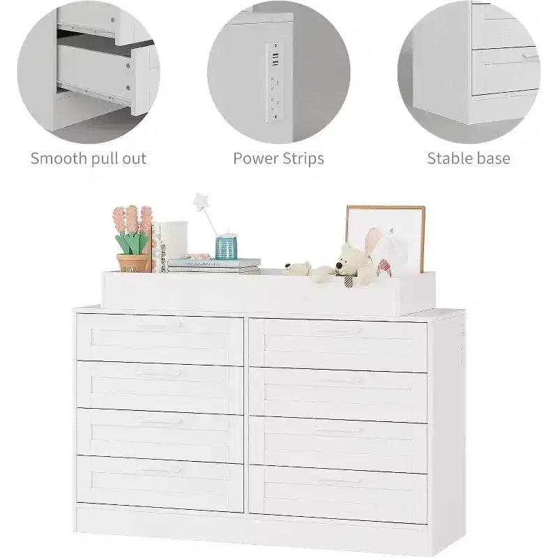 Commode à langer pour chambre de bébé, commode moderne avec 8 tiroirs en bois, table à langer multi-tiroirs avec plateau de sécurité