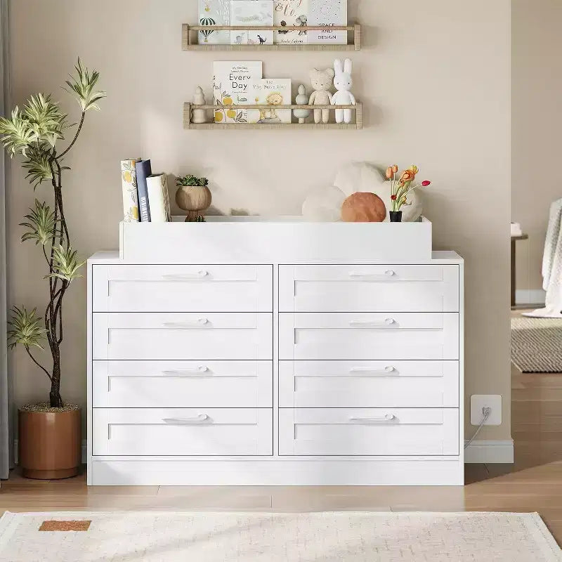 Commode à langer pour chambre de bébé, commode moderne avec 8 tiroirs en bois, table à langer multi-tiroirs avec plateau de sécurité