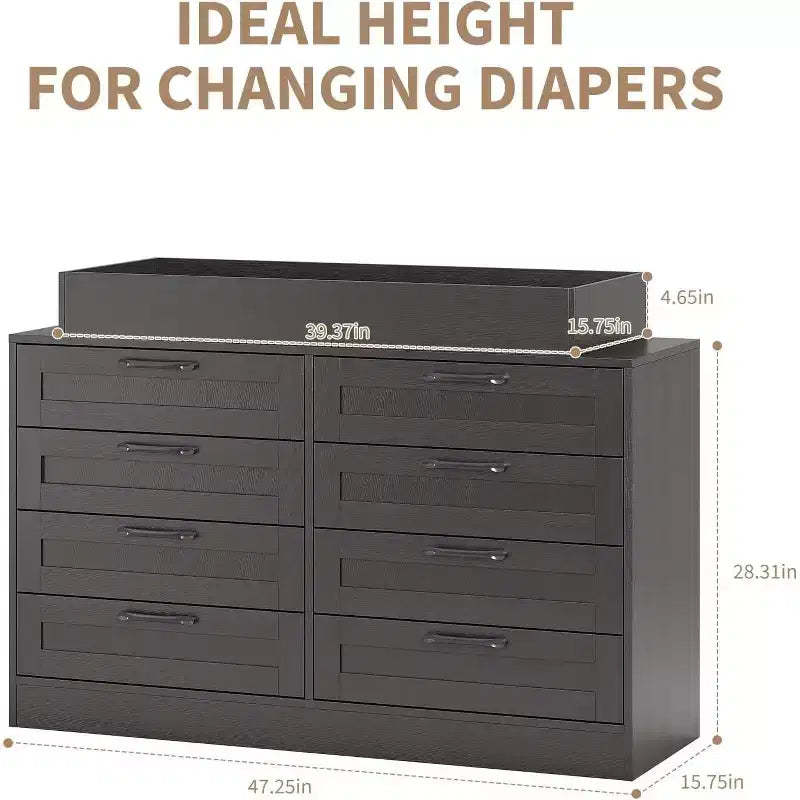 Commode à langer pour chambre de bébé, commode moderne avec 8 tiroirs en bois, table à langer multi-tiroirs avec plateau de sécurité