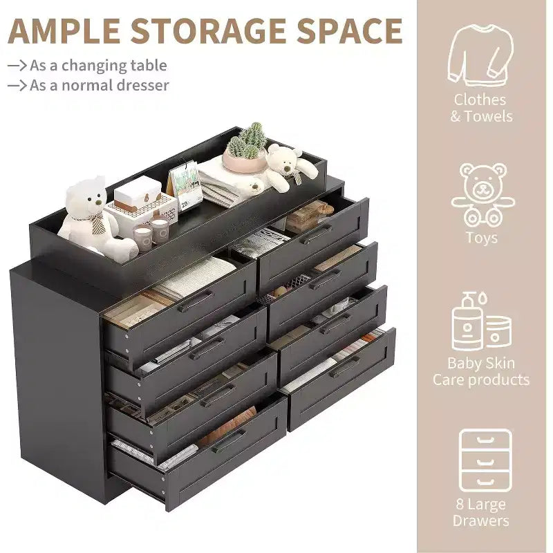Commode à langer pour chambre de bébé, commode moderne avec 8 tiroirs en bois, table à langer multi-tiroirs avec plateau de sécurité