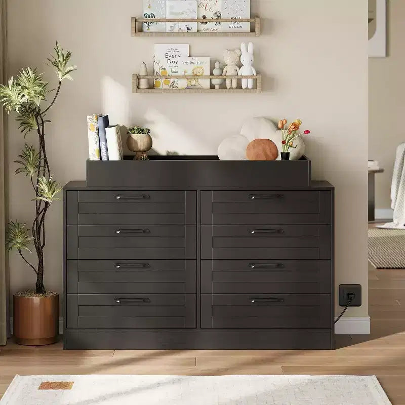 Commode à langer pour chambre de bébé, commode moderne avec 8 tiroirs en bois, table à langer multi-tiroirs avec plateau de sécurité