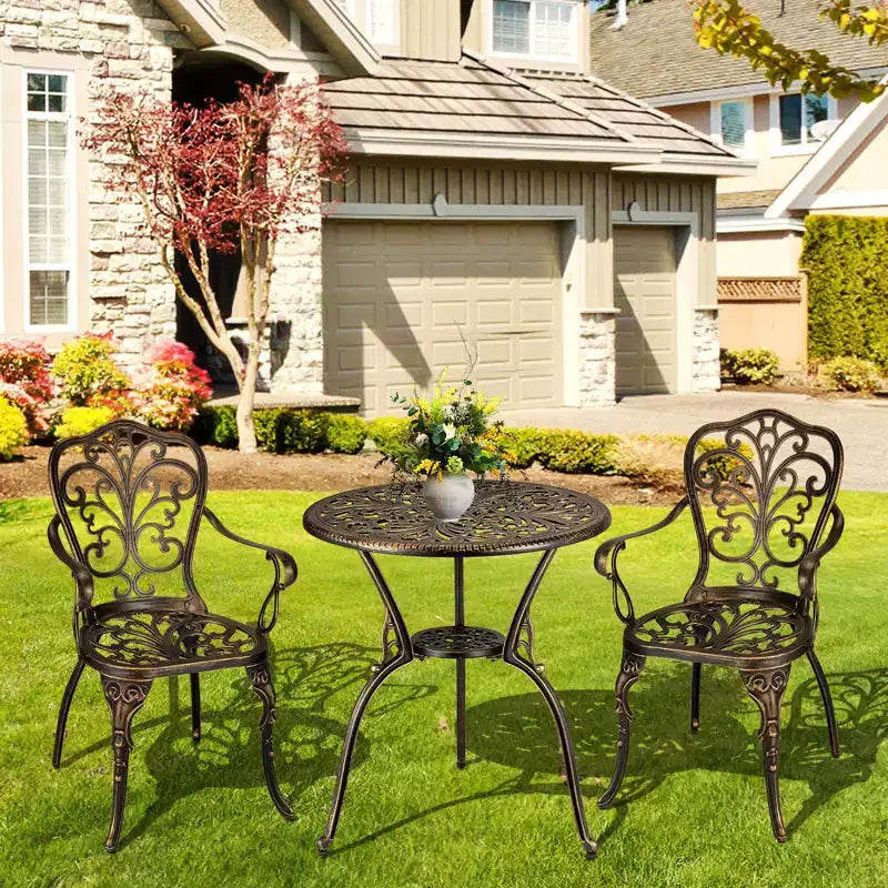 Ensemble de bistrot COZONY en fonte d'aluminium, 3 pièces, table et chaises de patio extérieur avec trou pour parasol pour balcon et jardin