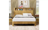 TUYOHW Platform Bed Frame with Wave-Curved Panel, Sturdy Metal & Wood Queen Size Bed with Storage Headboard, Built-in Charging Station,Noise-Canceling