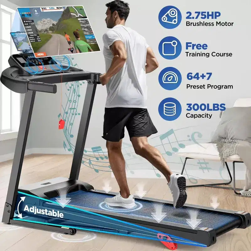 Tapis de course incliné 3 CV, capacité de 136 kg, tapis de course pliable pour la maison, 71 programmes d'entraînement, double haut-parleur Bluetooth et contrôle via application intelligente, tapis de course pour marche et jogging