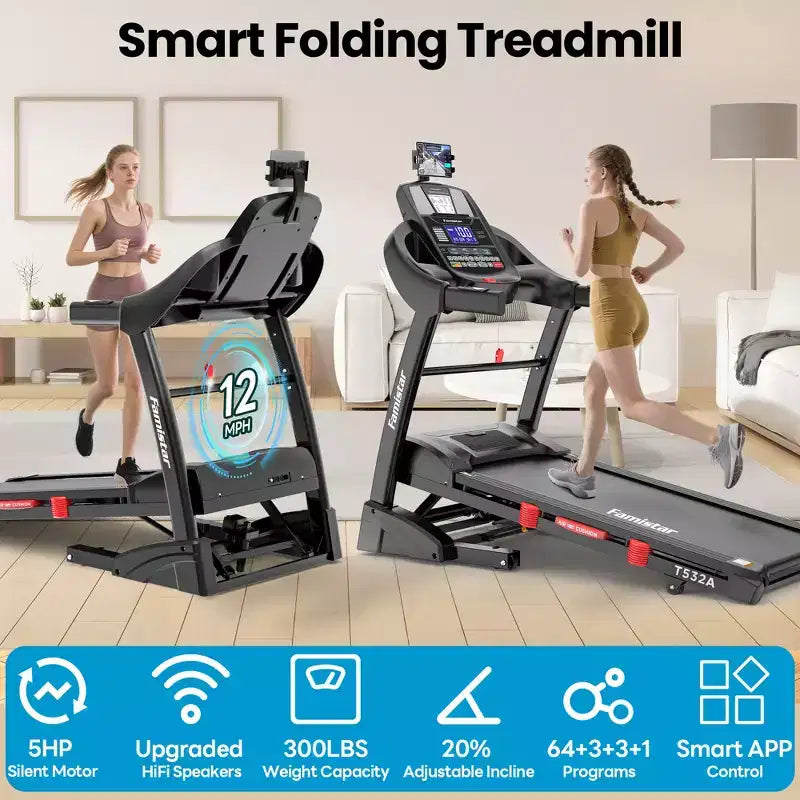 Tapis roulant pliable avec inclinaison automatique de 20%, moteur de 5,1 CV pour la maison, capacité de 136 kg, double haut-parleur HiFi, contrôle par application avec course virtuelle, 71 programmes.
