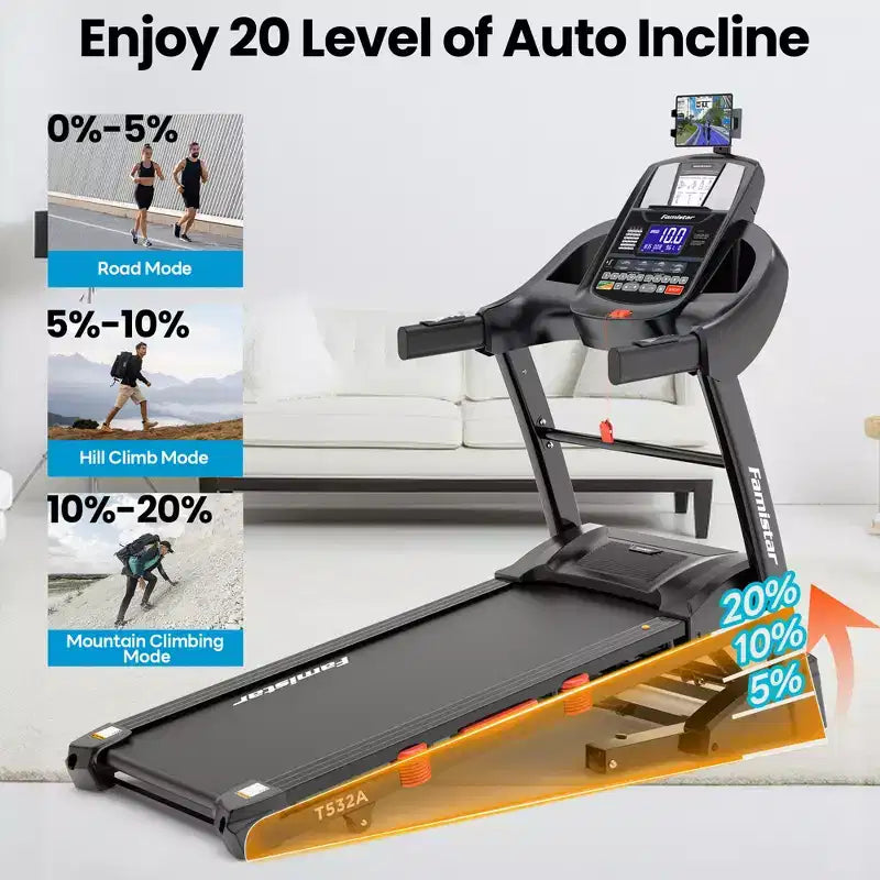 Tapis roulant pliable avec inclinaison automatique de 20%, moteur de 5,1 CV pour la maison, capacité de 136 kg, double haut-parleur HiFi, contrôle par application avec course virtuelle, 71 programmes.