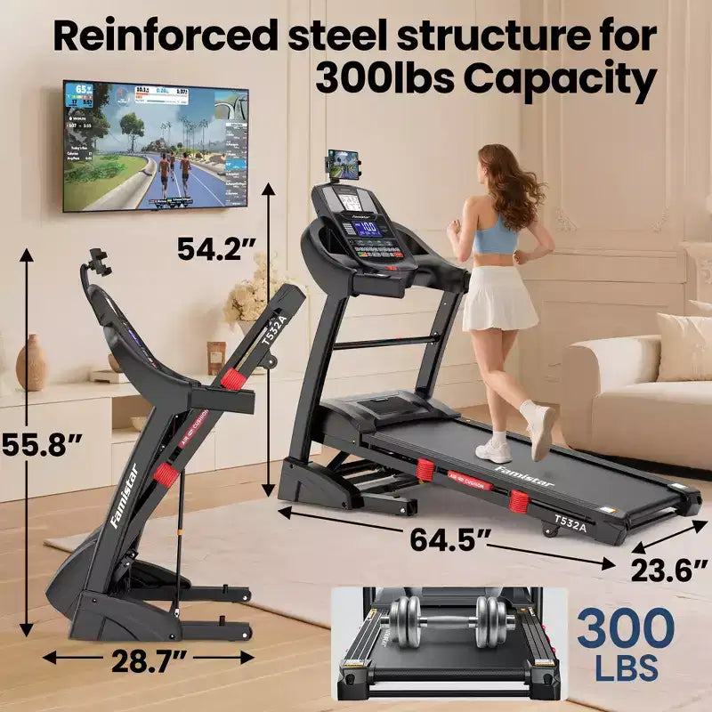 Tapis roulant pliable avec inclinaison automatique de 20%, moteur de 5,1 CV pour la maison, capacité de 136 kg, double haut-parleur HiFi, contrôle par application avec course virtuelle, 71 programmes.