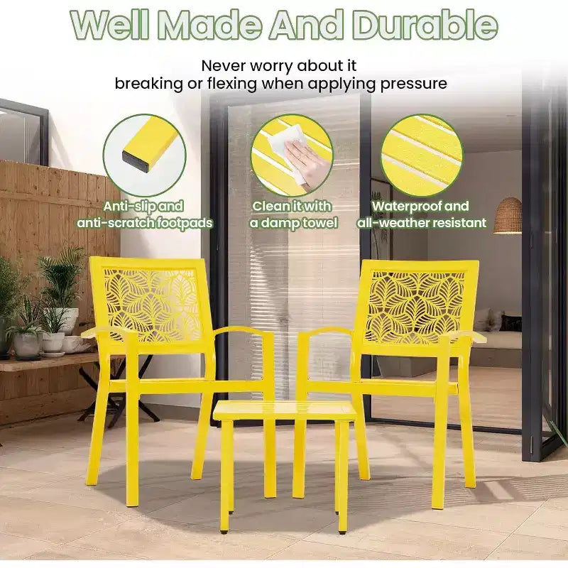 EROMMY Ensemble bistro d'extérieur pour 2, ensemble de mobilier de porche moderne empilable, ensemble de mobilier de terrasse imperméable avec 2 chaises et 1 table basse