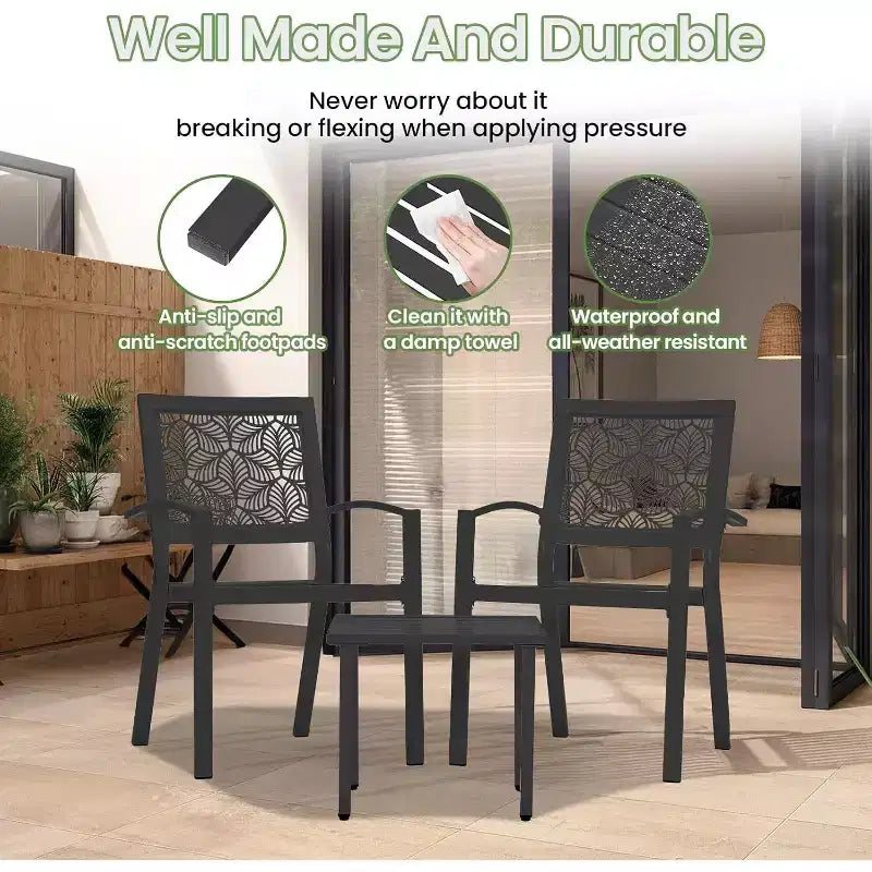 EROMMY Ensemble bistro d'extérieur pour 2, ensemble de mobilier de porche moderne empilable, ensemble de mobilier de terrasse imperméable avec 2 chaises et 1 table basse