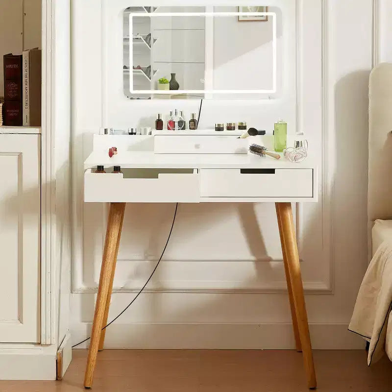 Coiffeuse moderne Okak avec miroir amovible, coiffeuse à maquillage réglable 3 modes de couleur, table de toilette pour salon, chambre, blanc