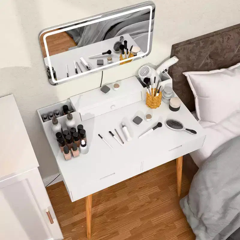 Coiffeuse moderne Okak avec miroir amovible, coiffeuse à maquillage réglable 3 modes de couleur, table de toilette pour salon, chambre, blanc