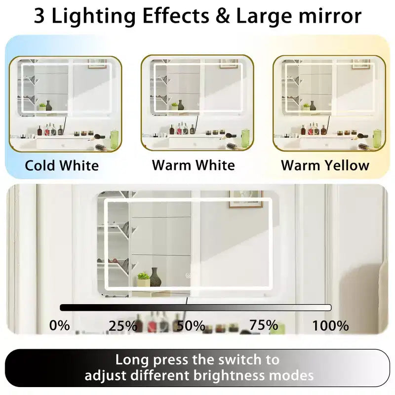 Coiffeuse moderne Okak avec miroir amovible, coiffeuse à maquillage réglable 3 modes de couleur, table de toilette pour salon, chambre, blanc