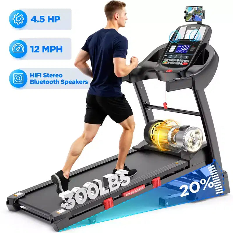 Tapis roulant pliable en liquidation pour la maison/le bureau, moteur 4,5 CV, inclinaison 20 %, 0,6 à 12 MPH, capacité 300 lb, écran LED, contrôle via application