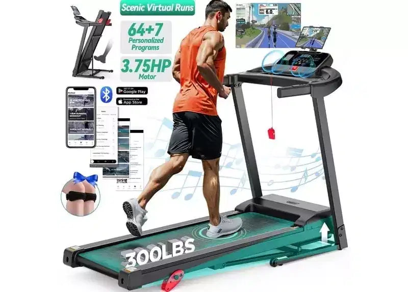 Tapis de course incliné capacité 136 kg, tapis de course pliable 3,75 CV pour la maison, 71 programmes, contrôle via application, 12 km/h, haut-parleur HiFi, absorption des chocs, cadeau sangle de genou