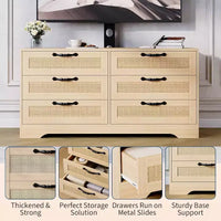 Meuble TV Naturel 6 Tiroirs de 120 cm, Meuble TV en Rotin pour Téléviseurs de 32 à 85 Pouces, pour Salon, Montage Facile