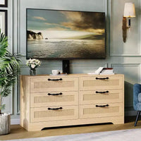 Meuble TV Naturel 6 Tiroirs de 120 cm, Meuble TV en Rotin pour Téléviseurs de 32 à 85 Pouces, pour Salon, Montage Facile